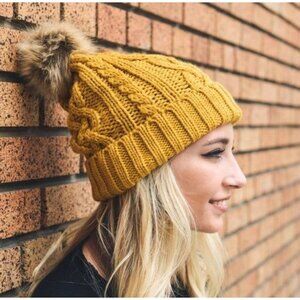 Chunky Knit Mustard Yellow Beanie With Faux Fur Pom-Pom Hat